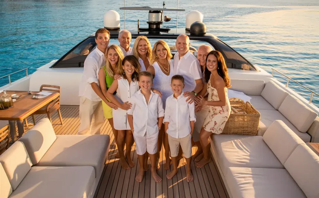 family enjoying world island yacht trip dubai pacage with rsy luxury yacht rental packages