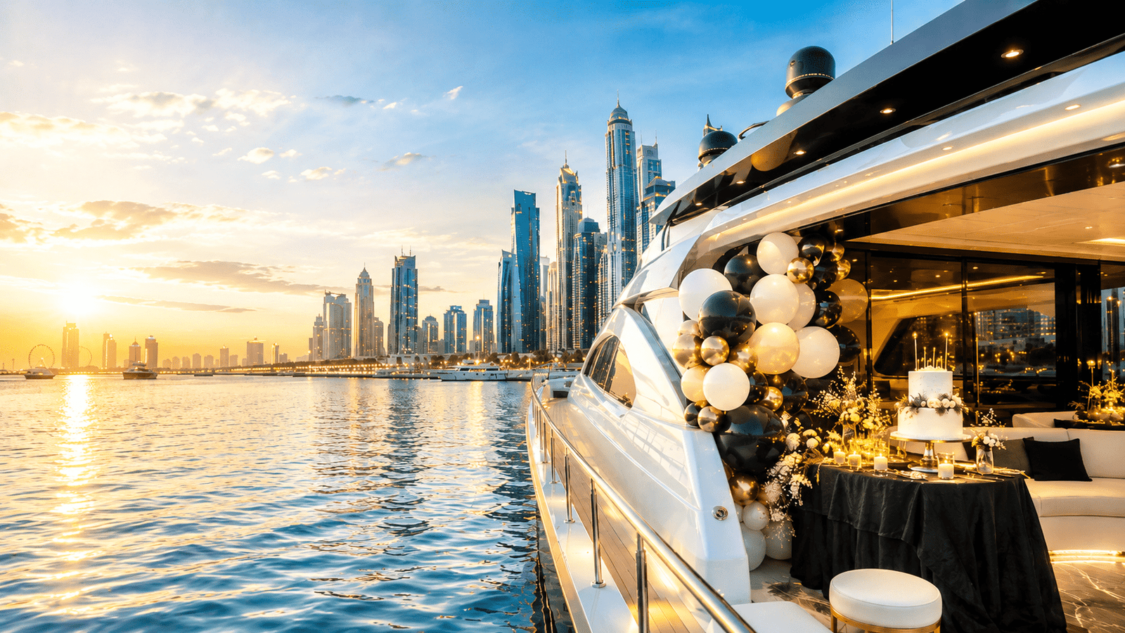 Birthday yacht rental Dubai Marina with luxury decoration and private yacht party setup