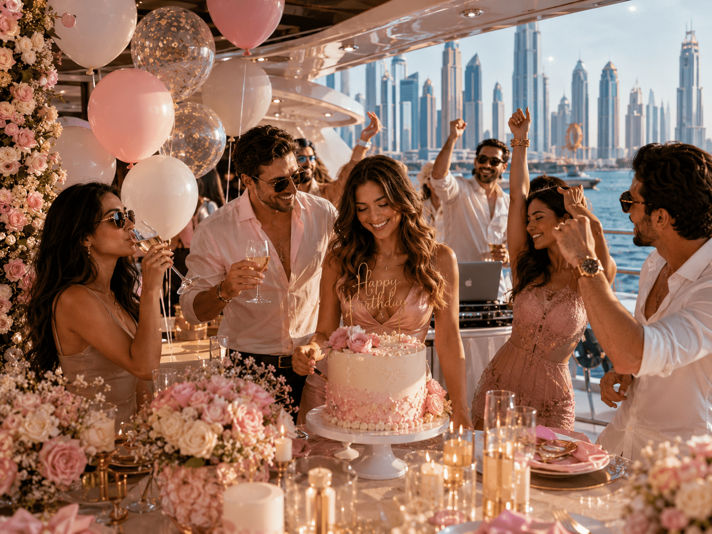 Luxury floral birthday yacht setup Dubai