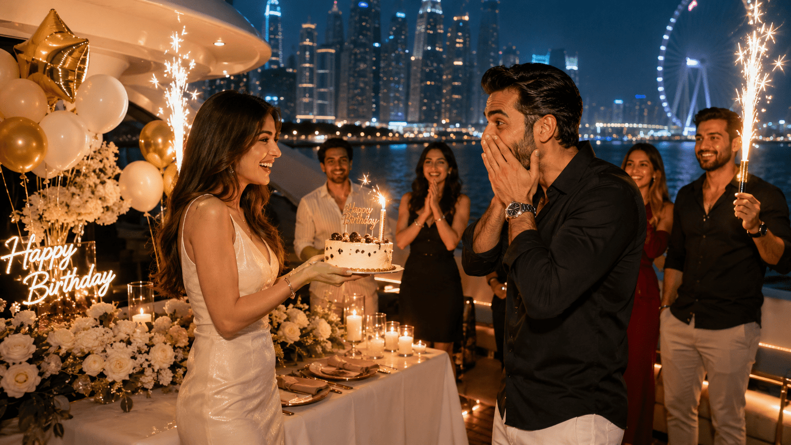Surprise birthday yacht setup Dubai