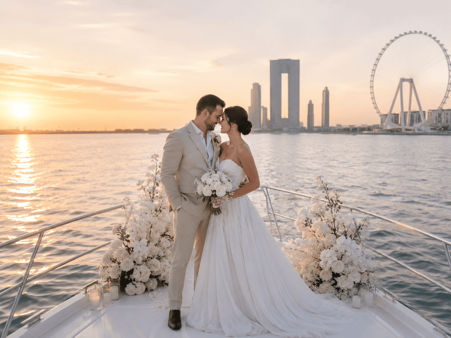Intimate wedding yacht Dubai package with bride and groom at sunset.
