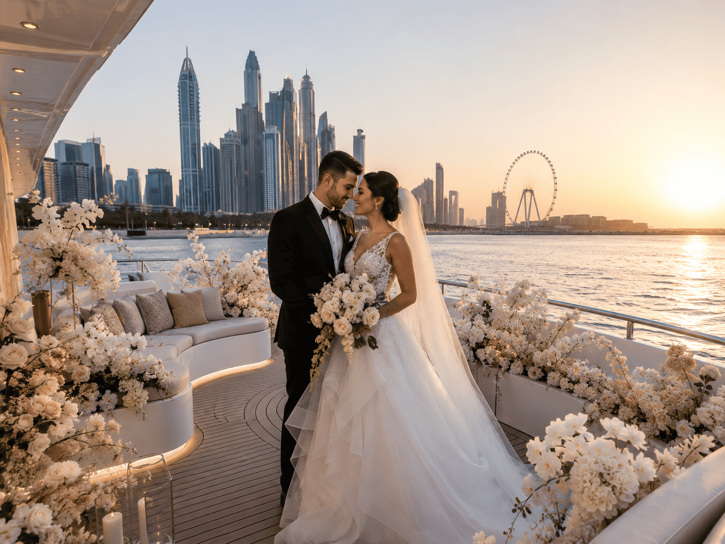 Luxury wedding cruise Dubai package with couple on a decorated yacht.