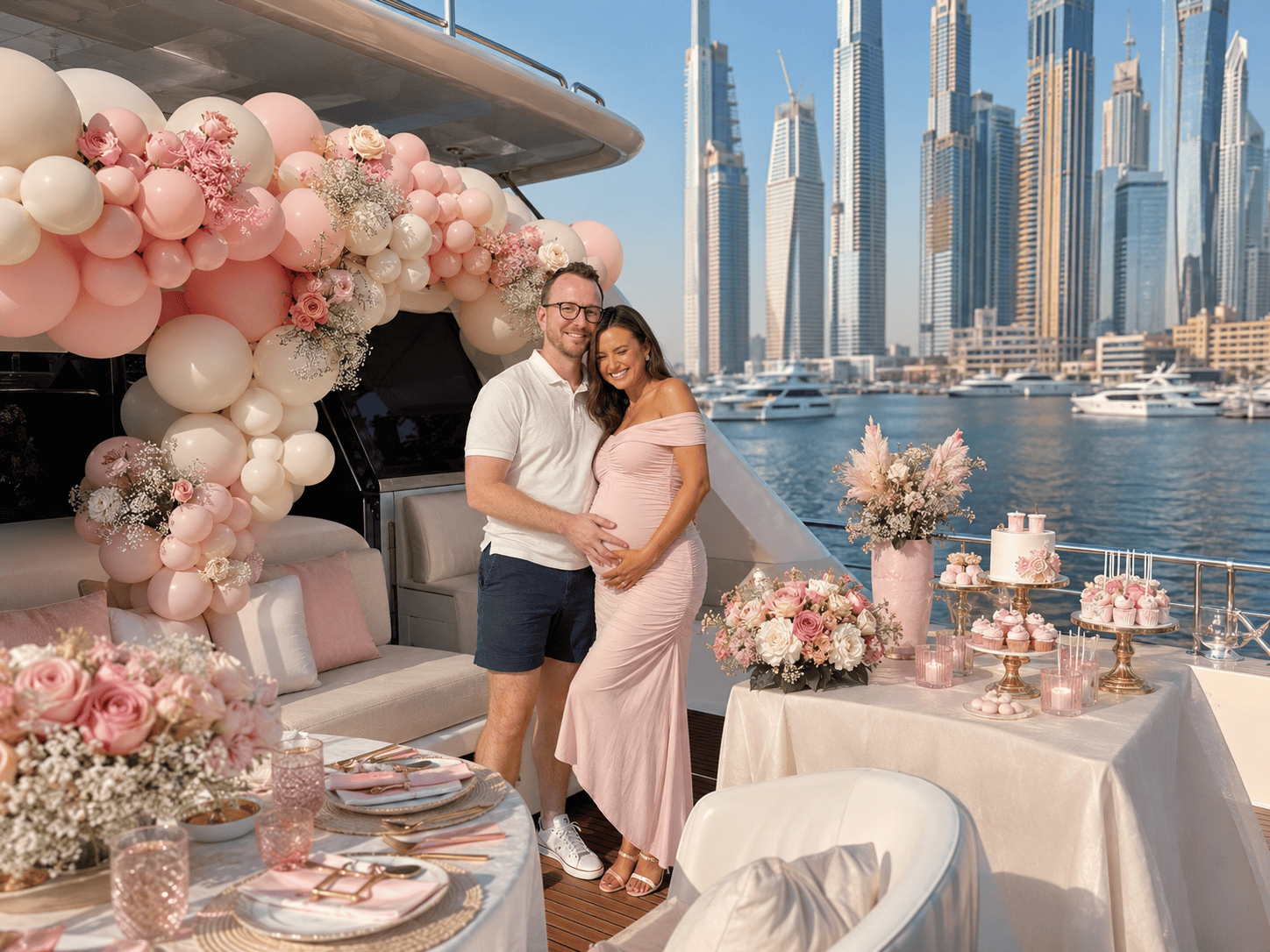 Luxury baby shower and gender reveal yacht setup in Dubai Marina