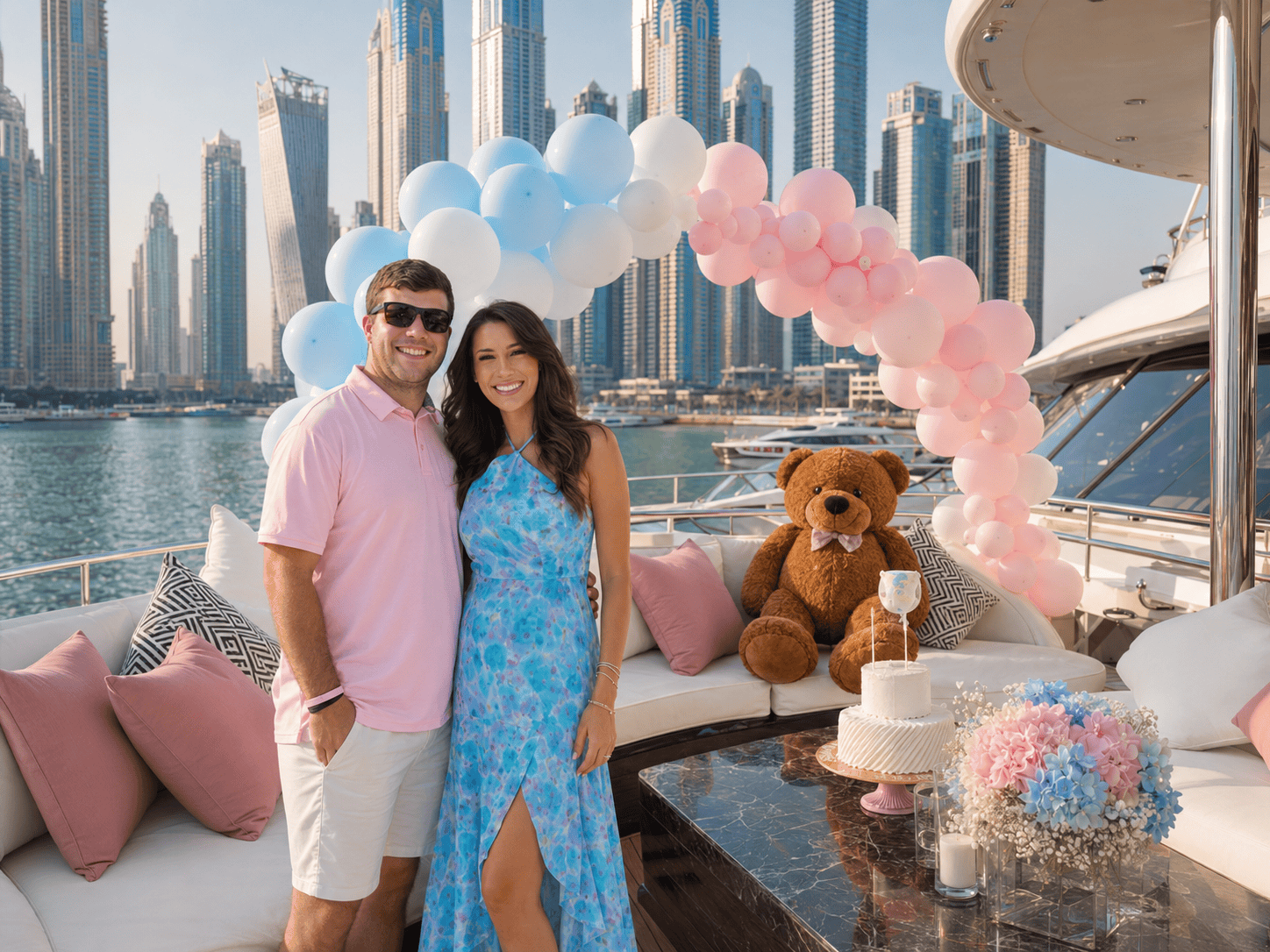 Pastel balloon baby shower yacht setup Dubai