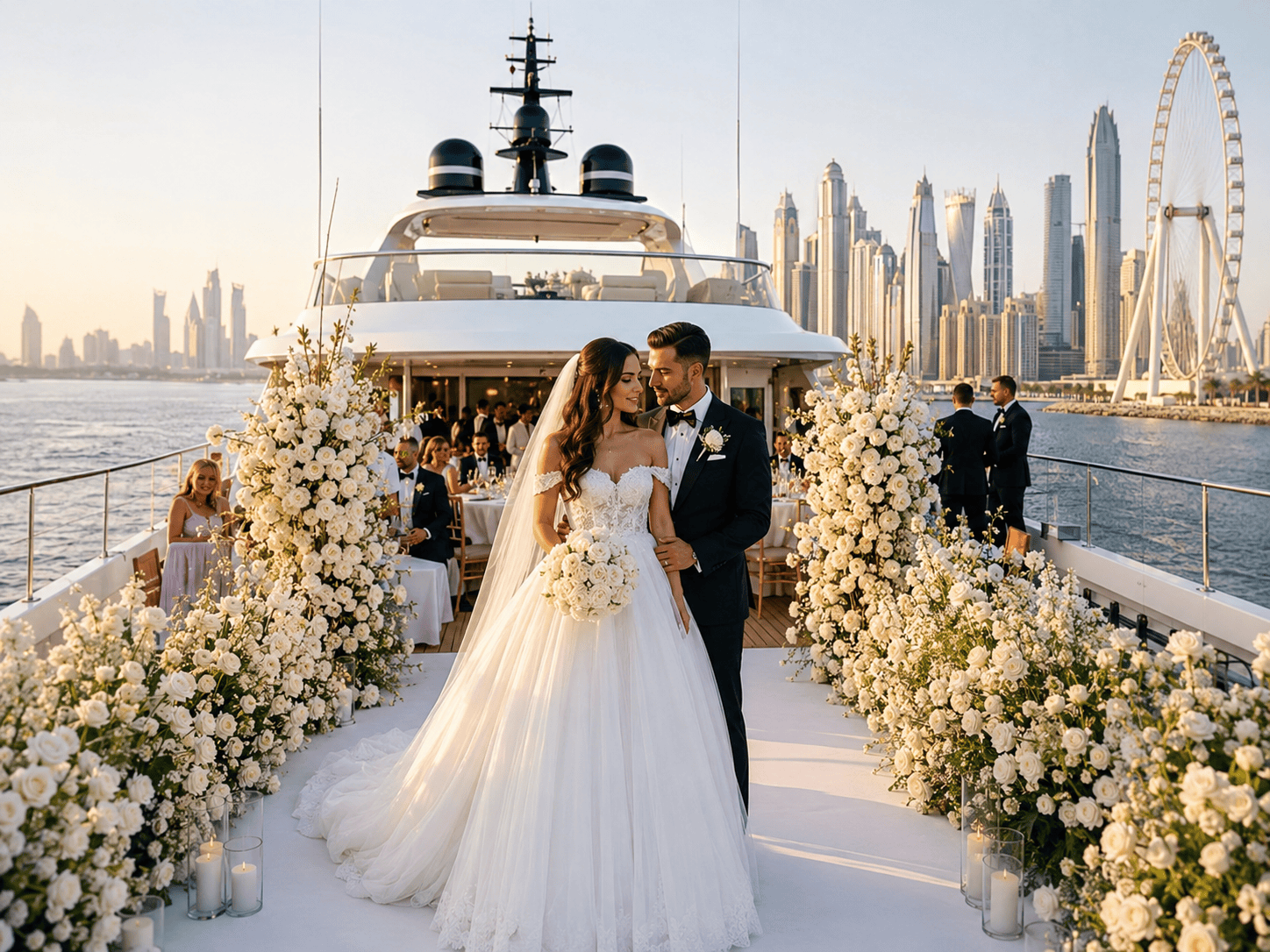 Mega yacht wedding Dubai package with bride and groom on a luxury yacht.