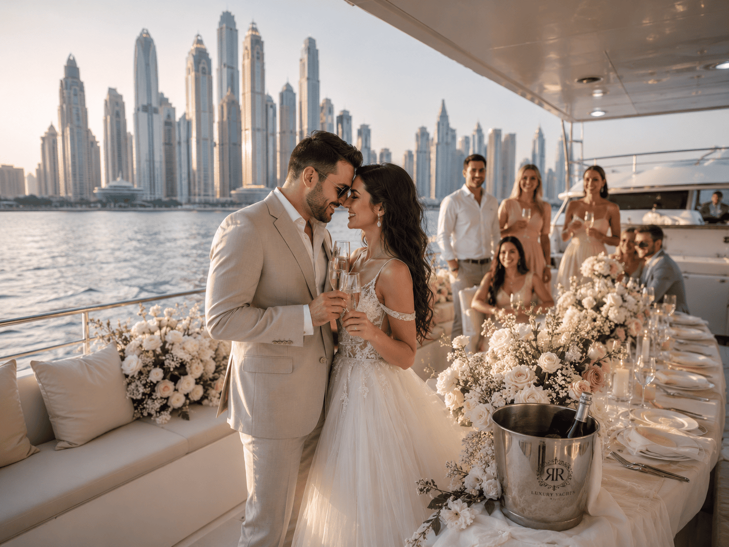 VIP yacht reception Dubai package with couple and guests on a luxury yacht.