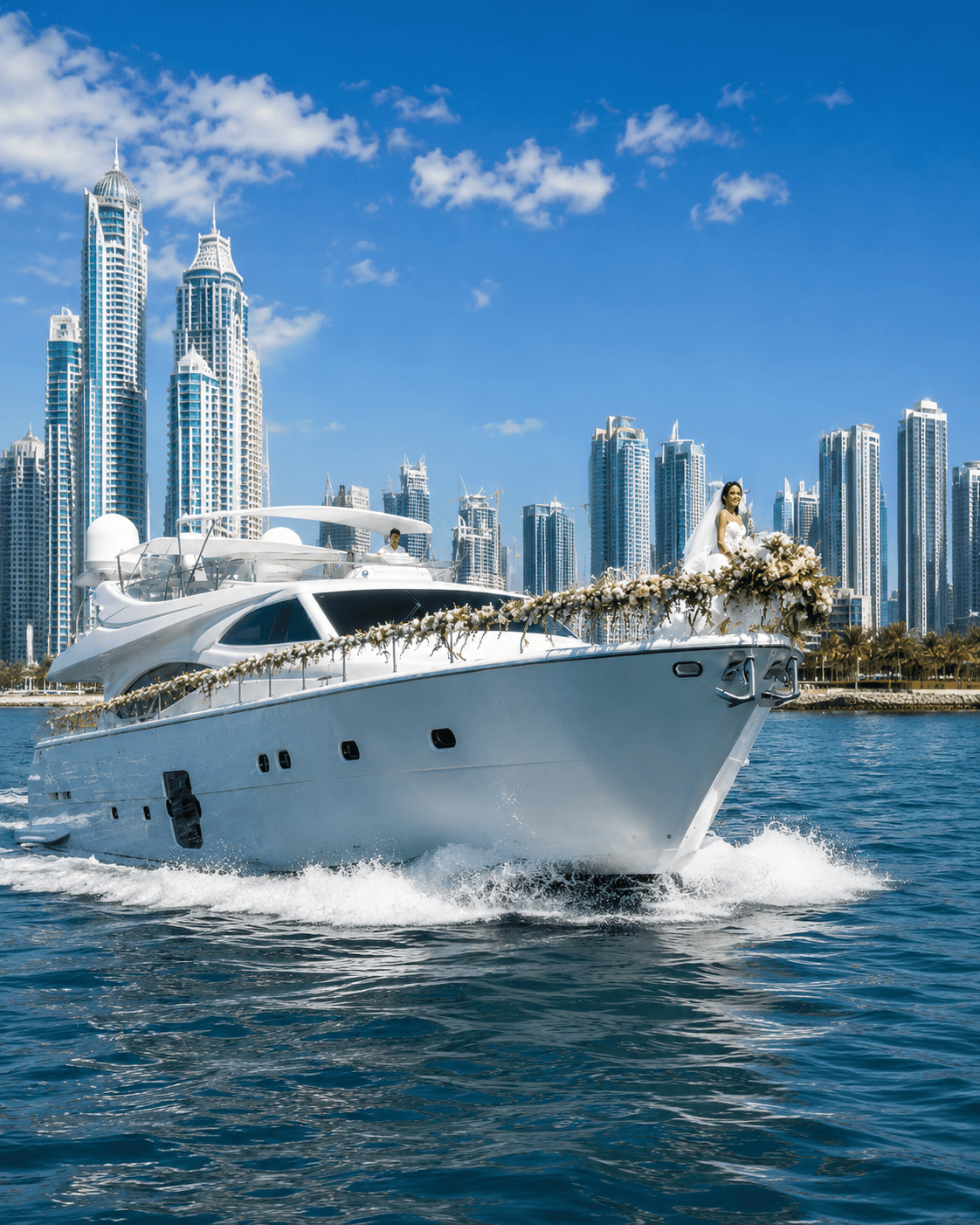 Mega yacht wedding Dubai charter with luxury yacht and Marina skyline.