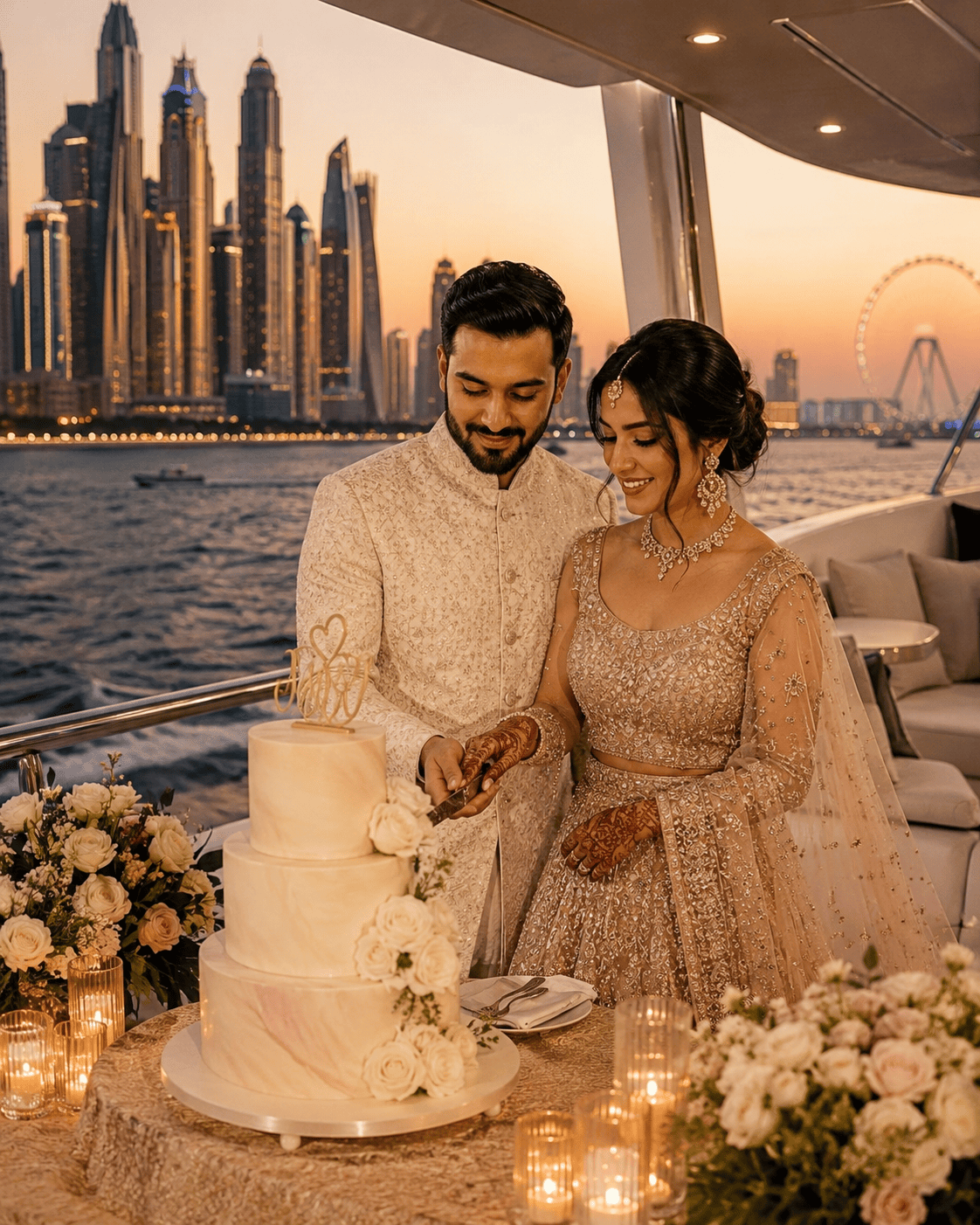 Indian style wedding yacht Dubai cake cutting celebration on a private yacht.