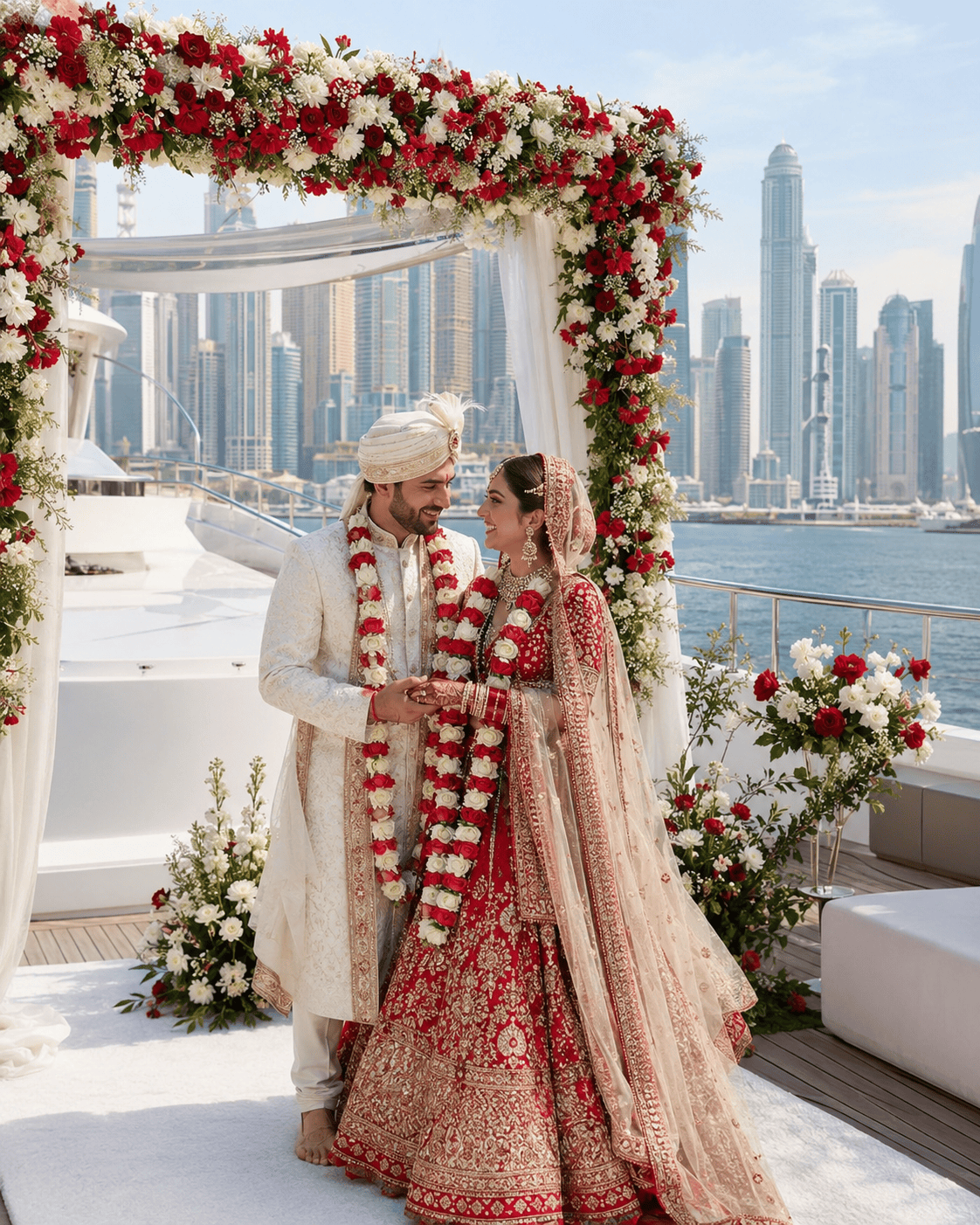 Indian wedding yacht rental in Dubai with bride and groom on a private yacht.