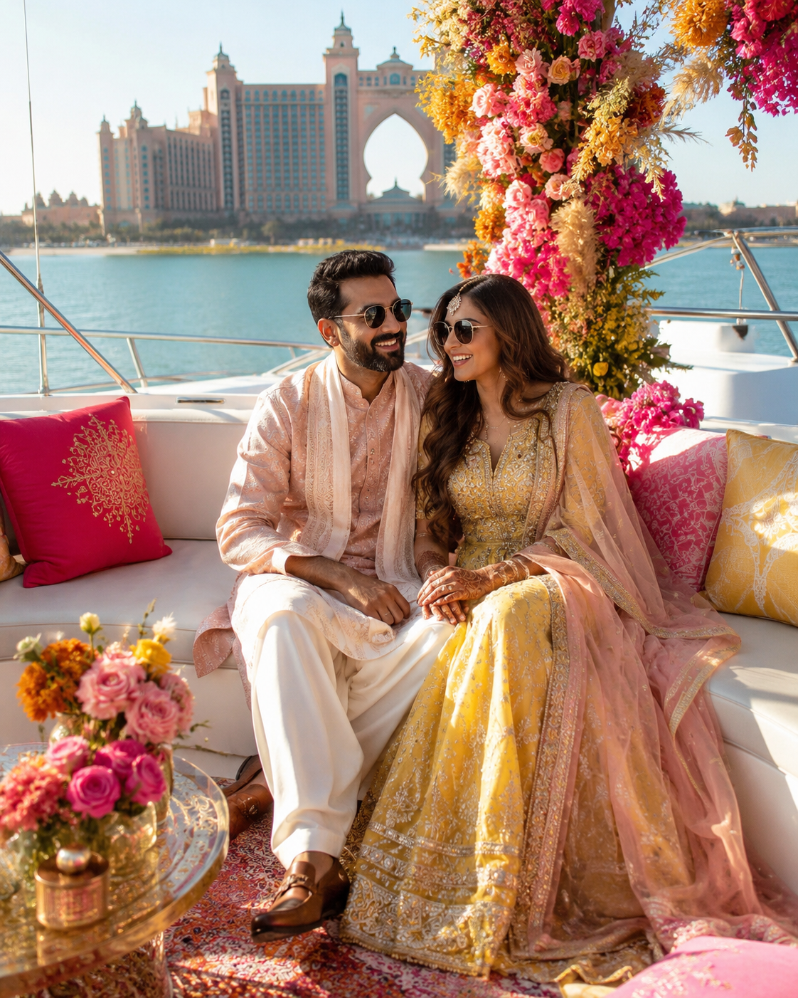 Wedding yacht Dubai celebration with Indian couple on a luxury yacht.