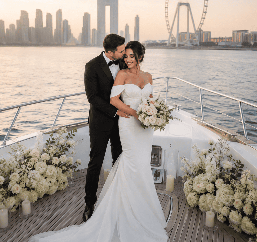 Luxury yacht wedding Dubai couple on a private yacht with Marina skyline views.